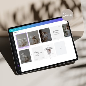 Op de afbeelding: Een screenshot van een Canva-ontwerpproject op een tablet. Het ontwerpproject is een reeks social media-berichten met tekstoverlays. De tekst op de berichten is "What you can't think of, think of ideas", "Try this thing", "Got the ideas flowing now?" en "Oh, this is a fun idea".