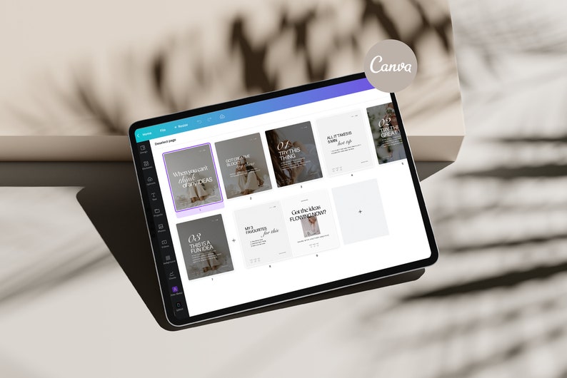 Op de afbeelding: Een screenshot van een Canva-ontwerpproject op een tablet. Het ontwerpproject is een reeks social media-berichten met tekstoverlays. De tekst op de berichten is "What you can't think of, think of ideas", "Try this thing", "Got the ideas flowing now?" en "Oh, this is a fun idea".