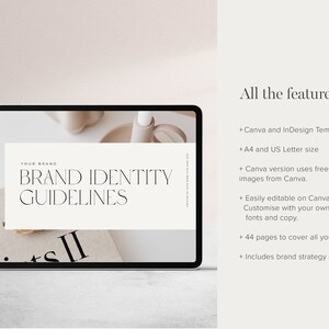 May include: A digital tablet displaying a mockup of a brand identity guideline document. The document has the text "YOUR BRAND" and "BRAND IDENTITY GUIDELINES" in black text on a white background. The document is displayed on a tablet with a black frame.