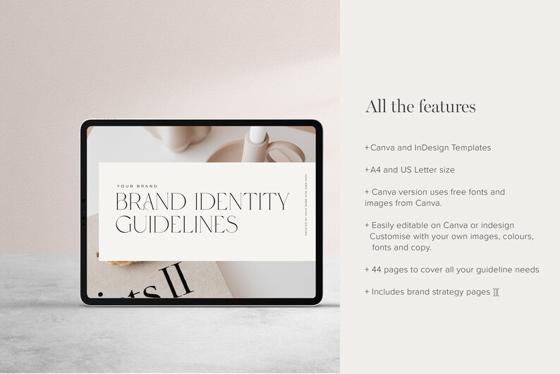 May include: A digital tablet displaying a mockup of a brand identity guideline document. The document has the text "YOUR BRAND" and "BRAND IDENTITY GUIDELINES" in black text on a white background. The document is displayed on a tablet with a black frame.