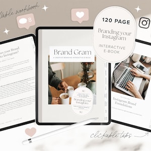 May include: A 120-page interactive e-book titled "Brand Gram: A Creative Branding Interactive E-Book" with a cover image of a person stirring a cup of coffee. The e-book is about branding your Instagram account.