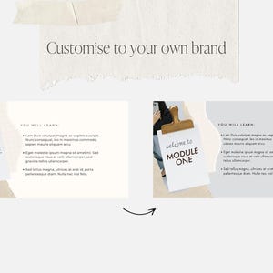May include: A promotional image with the text "Customise to your own brand". The image features two mockups of a presentation with the text "welcome to MODULE ONE" on a clipboard. The presentation includes bullet points with placeholder text.