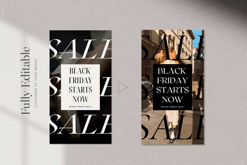 May include: Black and white graphic design with the text "SALE" in large letters and "BLACK FRIDAY STARTS NOW" in smaller letters. The text is on a black background with a blurry image of a person in the background.