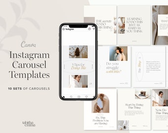 May include: A set of 10 Instagram carousel templates with a minimalist aesthetic. The templates feature a neutral color palette with beige and gold accents. The text on the templates includes phrases like "5 Tips for Doing This", "Do you struggle with this?", "Fix This Problem You are Having", "Start by Doing This Thing", and "Now Do This Thing".
