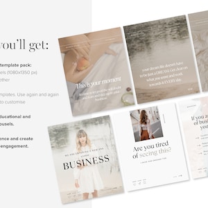 Op de afbeelding: Een set social media-sjablonen voor ondernemers. De sjablonen hebben een lichtbeige achtergrond met tekst die luidt: "This is your moment", "Your dream life doesn't have to be just a dream. Get clear on what you want and work towards it EVERY day", "If you are this type of business owner you probably", "We are entering a new era of business", en "Are you tired of seeing this?" De sjablonen zijn ontworpen om ondernemers te helpen hun publiek te vergroten en connectie en betrokkenheid te cre&euml;ren.