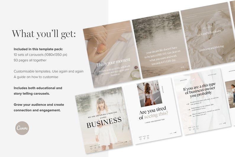Op de afbeelding: Een set social media-sjablonen voor ondernemers. De sjablonen hebben een lichtbeige achtergrond met tekst die luidt: "This is your moment", "Your dream life doesn't have to be just a dream. Get clear on what you want and work towards it EVERY day", "If you are this type of business owner you probably", "We are entering a new era of business", en "Are you tired of seeing this?" De sjablonen zijn ontworpen om ondernemers te helpen hun publiek te vergroten en connectie en betrokkenheid te cre&euml;ren.
