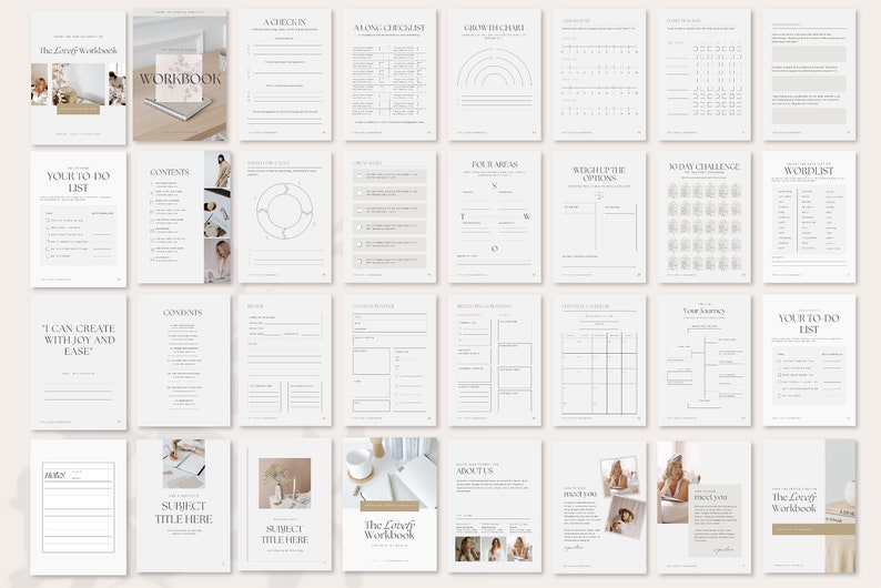 Some of the page templates in the workbook. Including planners and infographics