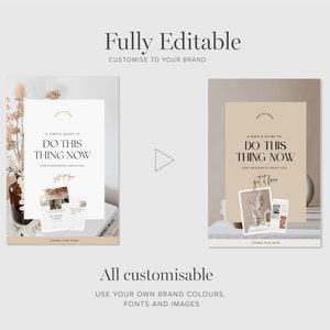 May include: Two mockups of a digital product, a simple guide to "Do This Thing Now" for passionate creatives. The mockups are in different color schemes, one with a white background and the other with a beige background. Both mockups feature a minimalist design with a simple font and a decorative image of dried flowers.