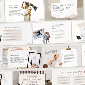 May include: A collection of digital slides with text and images, featuring a neutral color palette. The slides include phrases like "You were created to create, keep creating" and "Welcome to the course!" A tablet and a laptop are also visible.