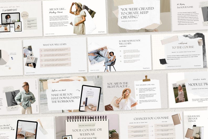 May include: A collection of digital slides with text and images, featuring a neutral color palette. The slides include phrases like "You were created to create, keep creating" and "Welcome to the course!" A tablet and a laptop are also visible.
