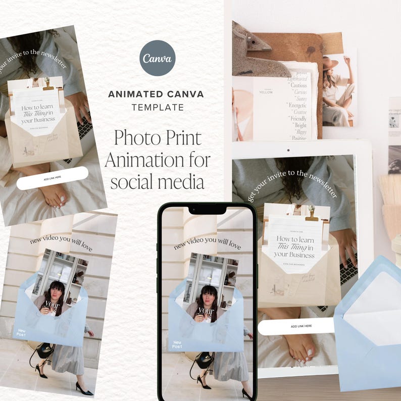 Peut inclure: Publicit&eacute; pour un mod&egrave;le Canva d'animation de photo imprim&eacute;e pour les m&eacute;dias sociaux. L'image pr&eacute;sente un smartphone, une tablette et des cartes imprim&eacute;es. Le texte comprend "How to learn This Thing in your Business" et "new video you will love."
