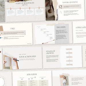 May include: A collection of light beige and white presentation slides with text and graphics. The slides include titles like "Time for Questions," "FAQ," and "Your Action Step." Some slides feature images of a person, a notebook, and sunglasses.