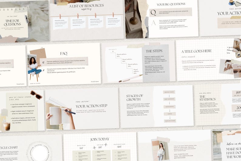 May include: A collection of light beige and white presentation slides with text and graphics. The slides include titles like "Time for Questions," "FAQ," and "Your Action Step." Some slides feature images of a person, a notebook, and sunglasses.