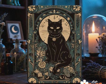 Könnte beinhalten: Eine rechteckige E-Reader-Hülle mit einer schwarzen Katze in einem kreisförmigen Mondmotiv, umgeben von blauen und cremefarbenen Blumenmustern und einem verzierten Rand. Der Text Shop Case Bloomer Personalized Cases ist sichtbar.
