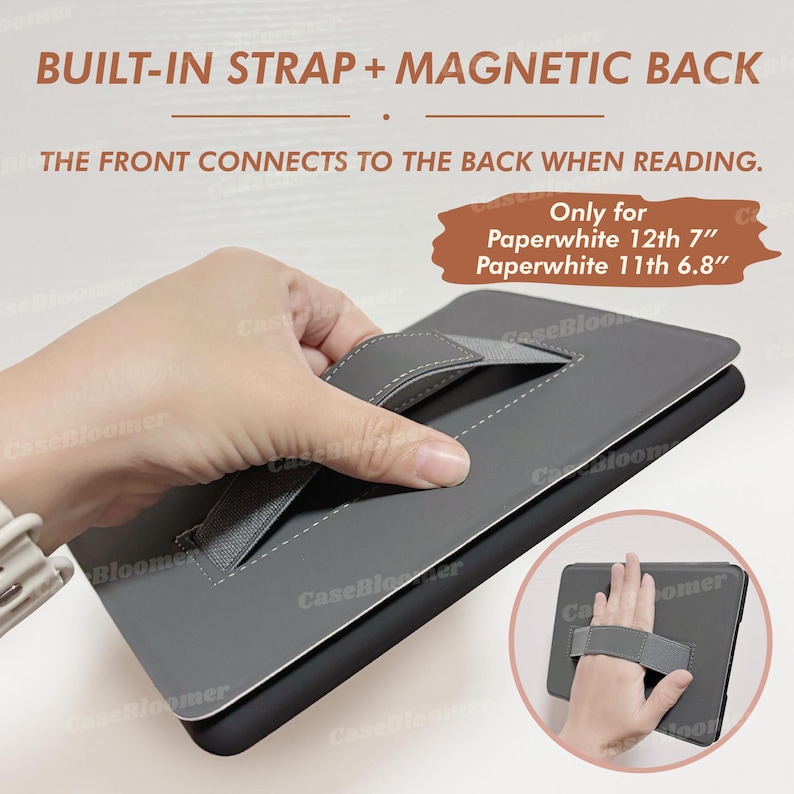 May include: A grey Kindle Paperwhite case with a built-in strap and magnetic back. The case is designed for the 12th generation 7-inch and 11th generation 6.8-inch Paperwhite models. The strap is attached to the back of the case and can be used to hold the Kindle securely in one hand.