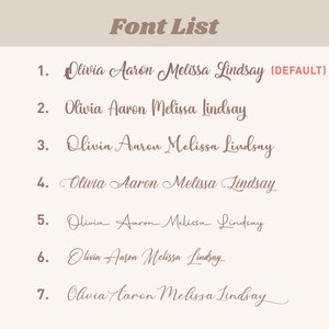 May include: A beige graphic displays a "Font List" with seven different font styles. Each font style showcases the names "Olivia Aaron Melissa Lindsay." The first font is labeled "(DEFAULT)" in red.