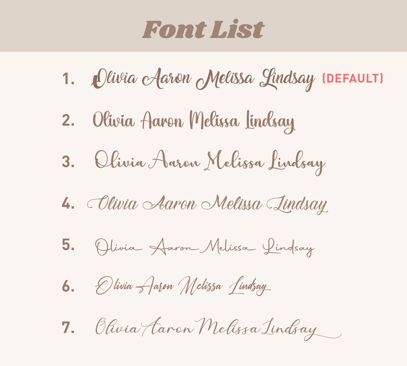 May include: A beige graphic displays a "Font List" with seven different font styles. Each font style showcases the names "Olivia Aaron Melissa Lindsay." The first font is labeled "(DEFAULT)" in red.