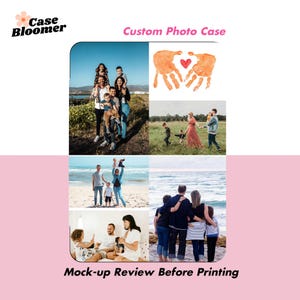 May include: A mock-up of a custom photo phone case featuring a collage of different family photos. The case includes a variety of photos, such as a family portrait, a photo of a family on the beach, and a photo of a family in a park. The case also features a hand-painted design of two hands holding a heart.