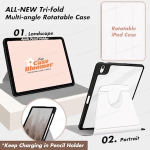 May include: A black iPad case with a tri-fold design, shown in landscape and portrait modes. The case features a pencil holder and the text "ALL-NEW Tri-fold Multi-angle Rotatable Case". The brand name "Case Bloomer" is also visible.