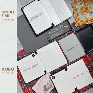 May include: A range of e-reader cases for Kindle Fire and Kobo e-readers. The cases are tri-fold and come in various colours and designs. The text on the cases includes the model names of the e-readers they are compatible with.