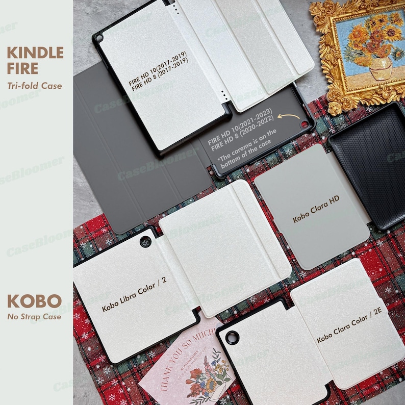 May include: A range of e-reader cases for Kindle Fire and Kobo e-readers. The cases are tri-fold and come in various colours and designs. The text on the cases includes the model names of the e-readers they are compatible with.