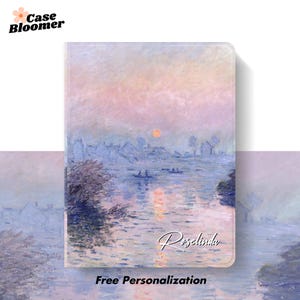 May include: A case with a landscape painting design. The artwork depicts a river scene with a sunset, featuring soft blues, pinks, and oranges. The text "Roselinda" is written in cursive. The words "Free Personalization" are at the bottom, and the Case Bloomer logo is at the top.