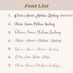 Puede incluir: Una lista de siete fuentes diferentes, cada una mostrando el texto "Olivia Aaron Melissa Lindsay". La primera fuente est&aacute; etiquetada como "(DEFAULT)".