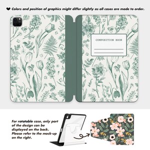 May include: A tablet case with a green and white floral pattern. The case has a composition book label and the text "COMPOSITION BOOK". The image shows the case open and closed, with a mock-up of the design on the back.