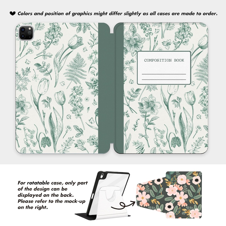 May include: A tablet case with a green and white floral pattern. The case has a composition book label and the text "COMPOSITION BOOK". The image shows the case open and closed, with a mock-up of the design on the back.