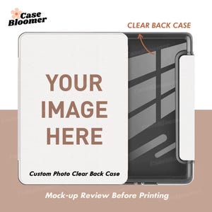 May include: Mock-up of a white phone case with a clear back. The case has the text "YOUR IMAGE HERE" and "Custom Photo Clear Back Case" printed on it. The case is shown with a black and gray patterned back.