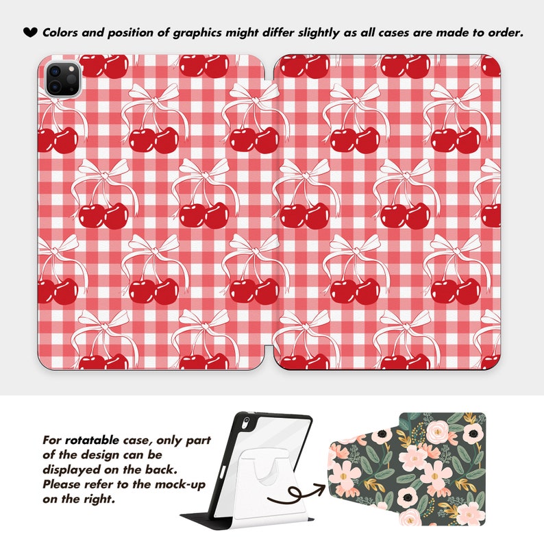 Puede incluir: Una funda de tel&eacute;fono de cuadros rojos y blancos con un patr&oacute;n de cerezas. La funda est&aacute; dise&ntilde;ada para un tel&eacute;fono inteligente con una protuberancia de c&aacute;mara en la parte posterior. La funda se muestra en una maqueta con un dise&ntilde;o floral en la parte posterior.