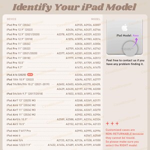 Puede incluir: Un gr&aacute;fico que muestra los diferentes modelos de iPad y sus n&uacute;meros de modelo correspondientes. El gr&aacute;fico est&aacute; organizado por tama&ntilde;o del dispositivo y a&ntilde;o de lanzamiento. El gr&aacute;fico tambi&eacute;n incluye una nota que indica que las fundas personalizadas no son retornables porque no se pueden revender. El gr&aacute;fico est&aacute; titulado "Identifica tu modelo de iPad".