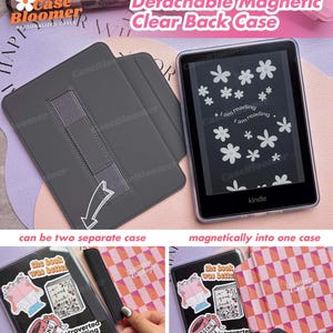 May include: A detachable magnetic clear back case for a Kindle e-reader. The case is gray and has a stand. The Kindle screen displays white floral designs and the text "I am reading." The case can be two separate cases or magnetically combined.