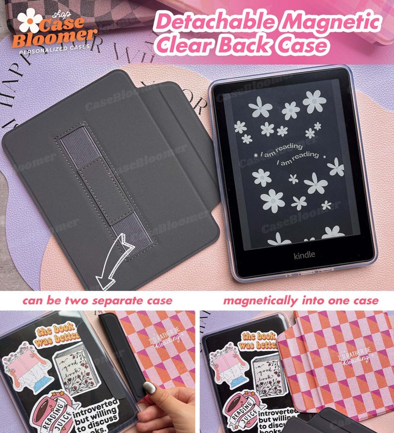 May include: A detachable magnetic clear back case for a Kindle e-reader. The case is gray and has a stand. The Kindle screen displays white floral designs and the text "I am reading." The case can be two separate cases or magnetically combined.