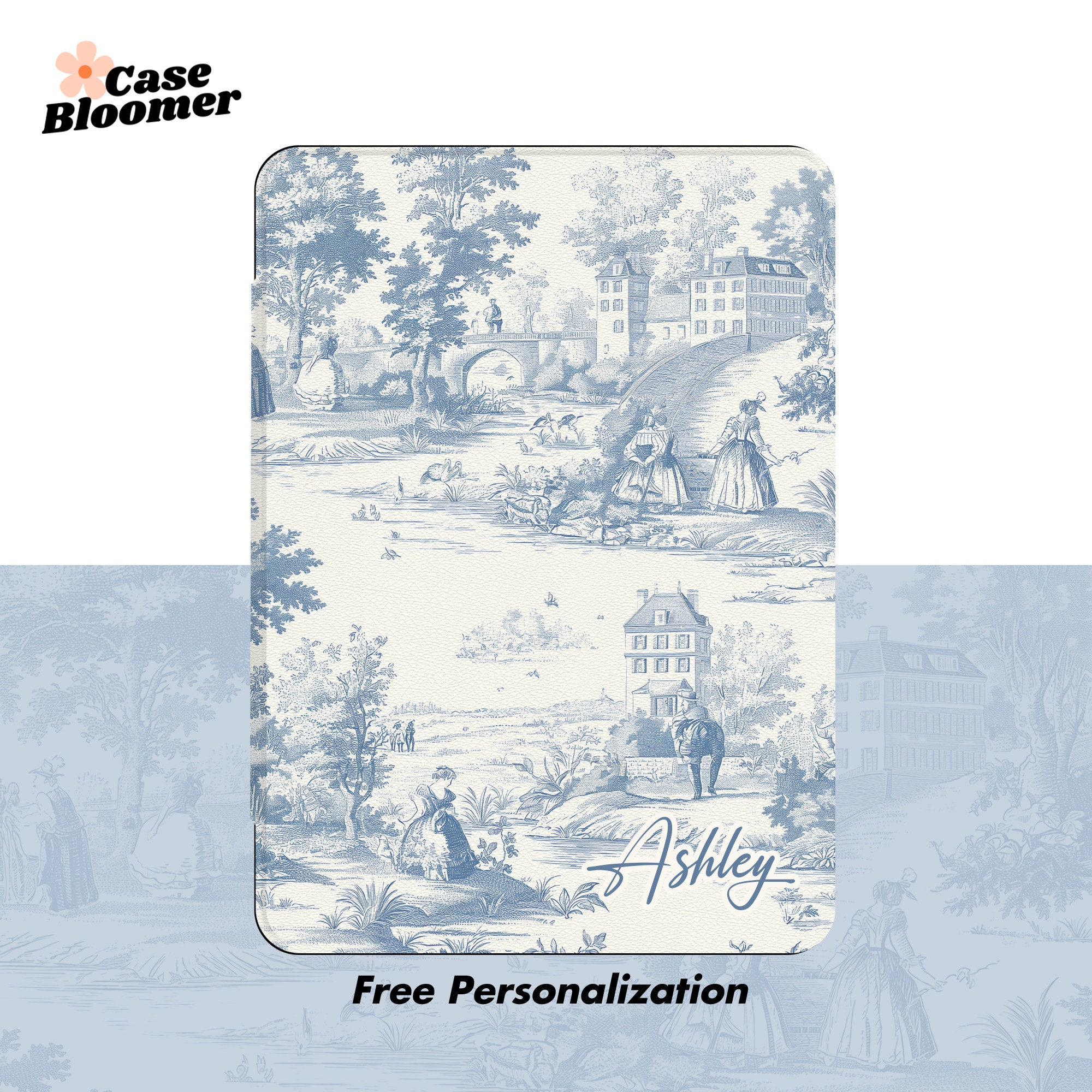 Toile de Jouy Custom Name Kindle Paperwhite Strap Case 2024 Paperwhite 12th 7-inch Kindle Colorsoft Signature Oasis11th Kobo Auto Wake/Sleep