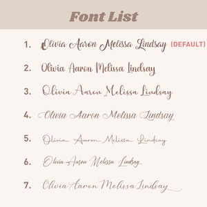 May include: A list of seven different fonts, each displaying the text "Olivia Aaron Melissa Lindsay". The first font is labelled "(DEFAULT)".