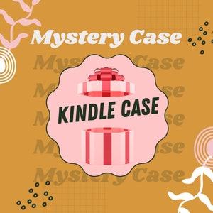 May include: A pink gift box with a red ribbon is open to reveal a Kindle case. The box is surrounded by the text "Mystery Case" in a retro font.