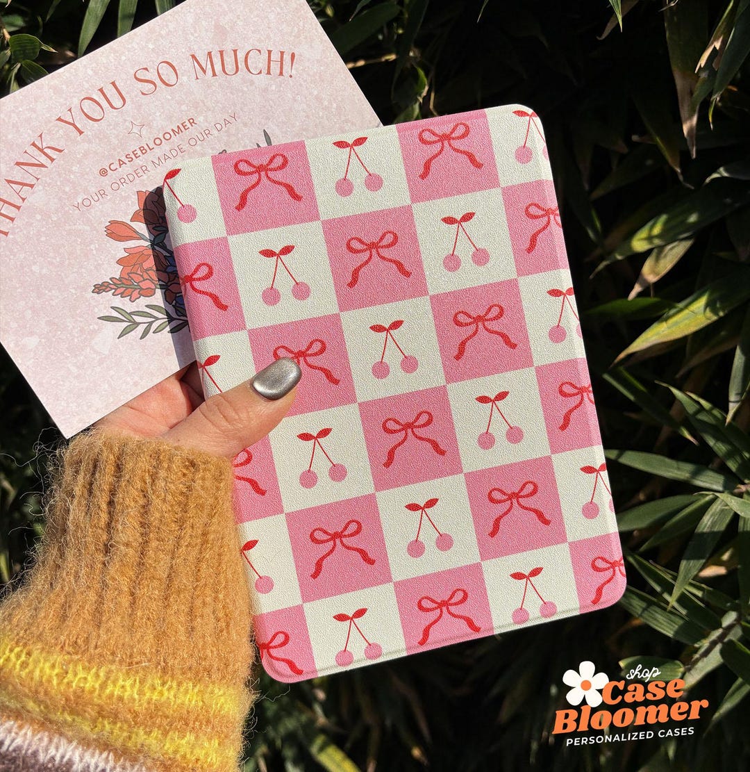 Custom Name Pink Checkerboard Cherry Kindle 12th Case With Strap ...