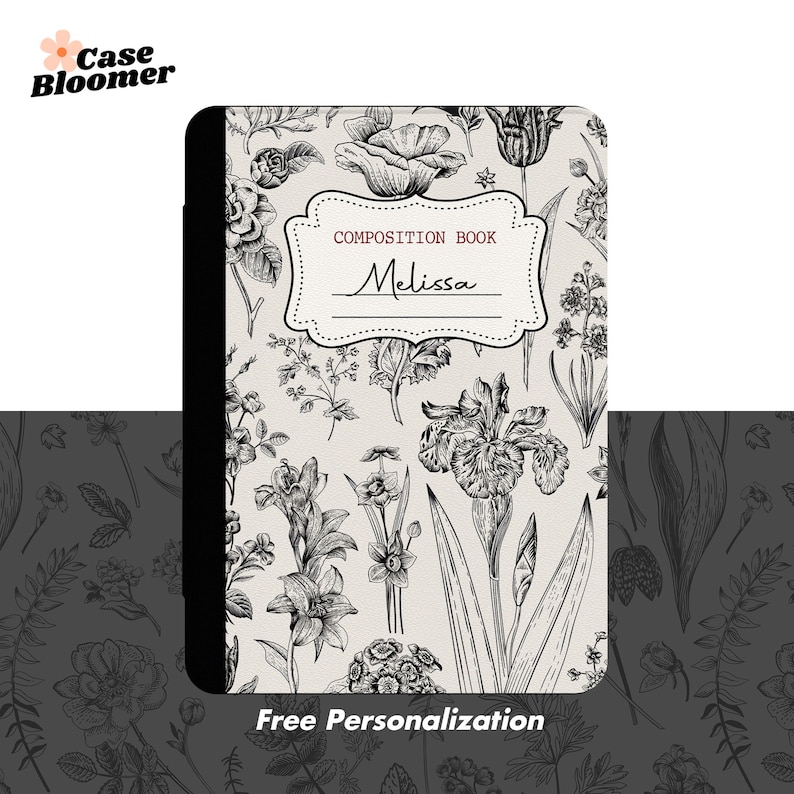 A black Kindle cover that looks like a composition notebook