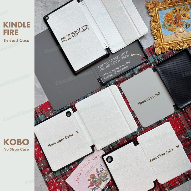 May include: An assortment of Kindle Fire and Kobo e-reader cases in various colors and designs. The image includes tri-fold cases and no-strap cases, with text indicating compatibility with specific models. The cases are displayed on a patterned surface.