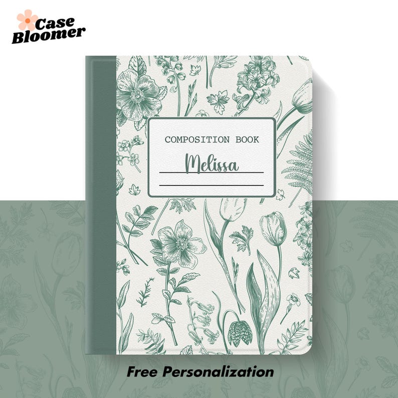 May include: A composition book with a green cover and a floral pattern in green and white. The cover features the text "COMPOSITION BOOK" and the name "Melissa". The words "Free Personalization" are at the bottom.