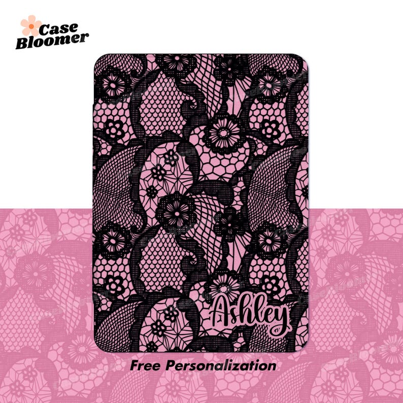May include: A pink and black patterned phone case with a lace design. The name "Ashley" is written in a cursive font. The words "Free Personalization" are at the bottom.