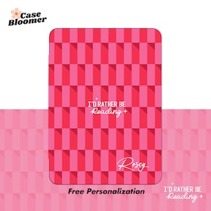 May include: A pink and red chequered phone case with the text "I'd rather be reading" and the name "Rosey" in white. The case has a free personalisation option.