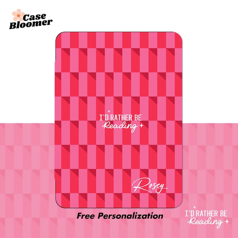 May include: A pink and red chequered phone case with the text "I'd rather be reading" and the name "Rosey" in white. The case has a free personalisation option.