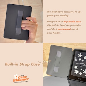 May include: A gray Kindle case with a built-in hand strap. The strap is designed to fit any Kindle case and allows for one-handed use. The text "* I am reading * I am reading *" is visible on the Kindle screen.