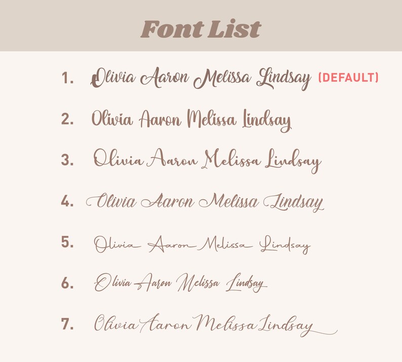 Może przedstawiać: Lista siedmiu r&oacute;żnych czcionek, z kt&oacute;rych każda wyświetla tekst "Olivia Aaron Melissa Lindsay". Pierwsza czcionka jest oznaczona jako "(DEFAULT)".