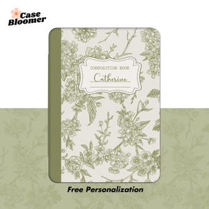 May include: A white composition book with a green border and a floral design. The book has a title that says "Composition Book" and a name that says "Catherine". The text at the bottom of the book says "Free Personalization".