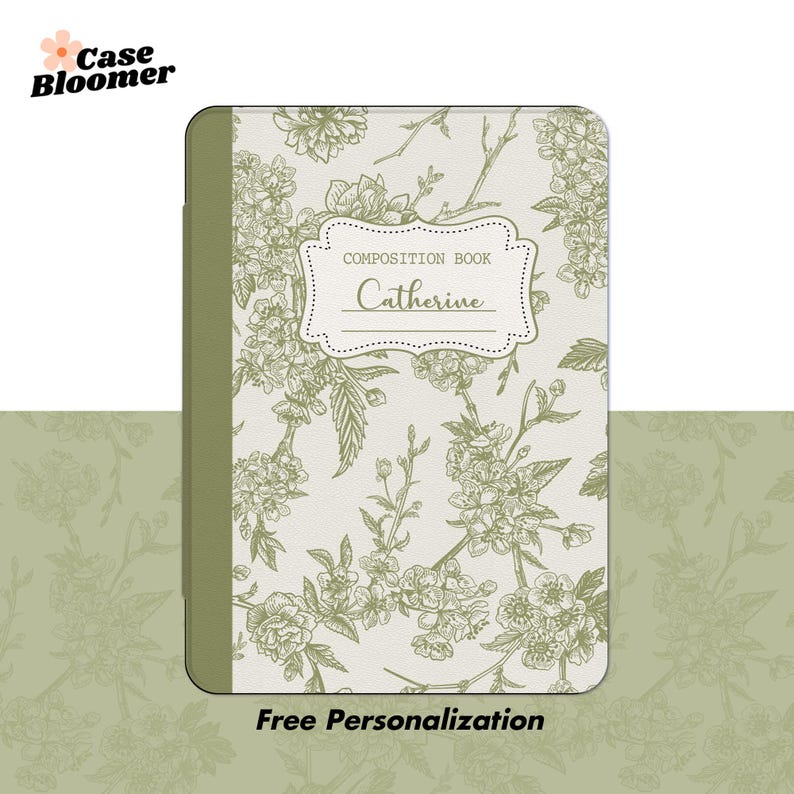 May include: A white composition book with a green border and a floral design. The book has a title that says "Composition Book" and a name that says "Catherine". The text at the bottom of the book says "Free Personalization".