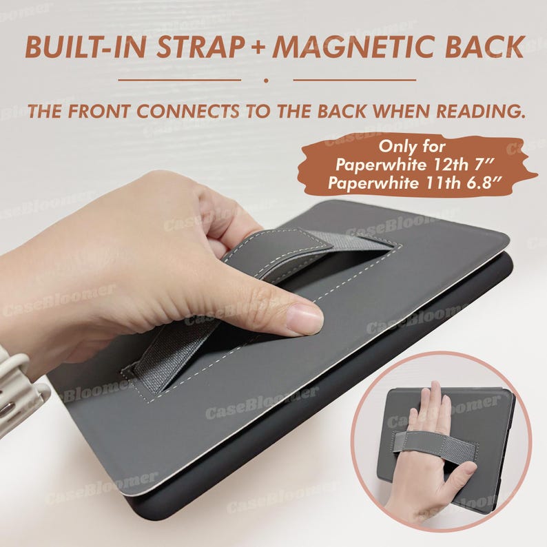 May include: A gray Kindle Paperwhite case with a built-in strap and magnetic back. The case is designed for the 12th generation 7-inch and 11th generation 6.8-inch Paperwhite models. The strap is attached to the back of the case and can be used to hold the Kindle securely in one hand.