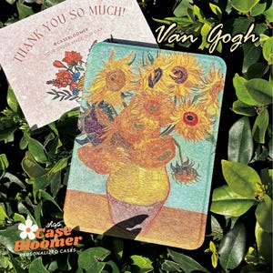 May include: A phone case featuring a painting of sunflowers in a vase by Vincent van Gogh. The case is made of a textured material and has a light blue background.